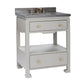 The Wylder Vanity Collection by Made Goods features a gray faux raffia bathroom vanity with a stone countertop, brass faucet, soft-close drawers, and an open shelf.