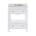 The Wylder Vanity Collection by Made Goods features a white bathroom vanity with a marble countertop, brass faucet, soft-close drawers with round brass knobs, and an open bottom shelf.