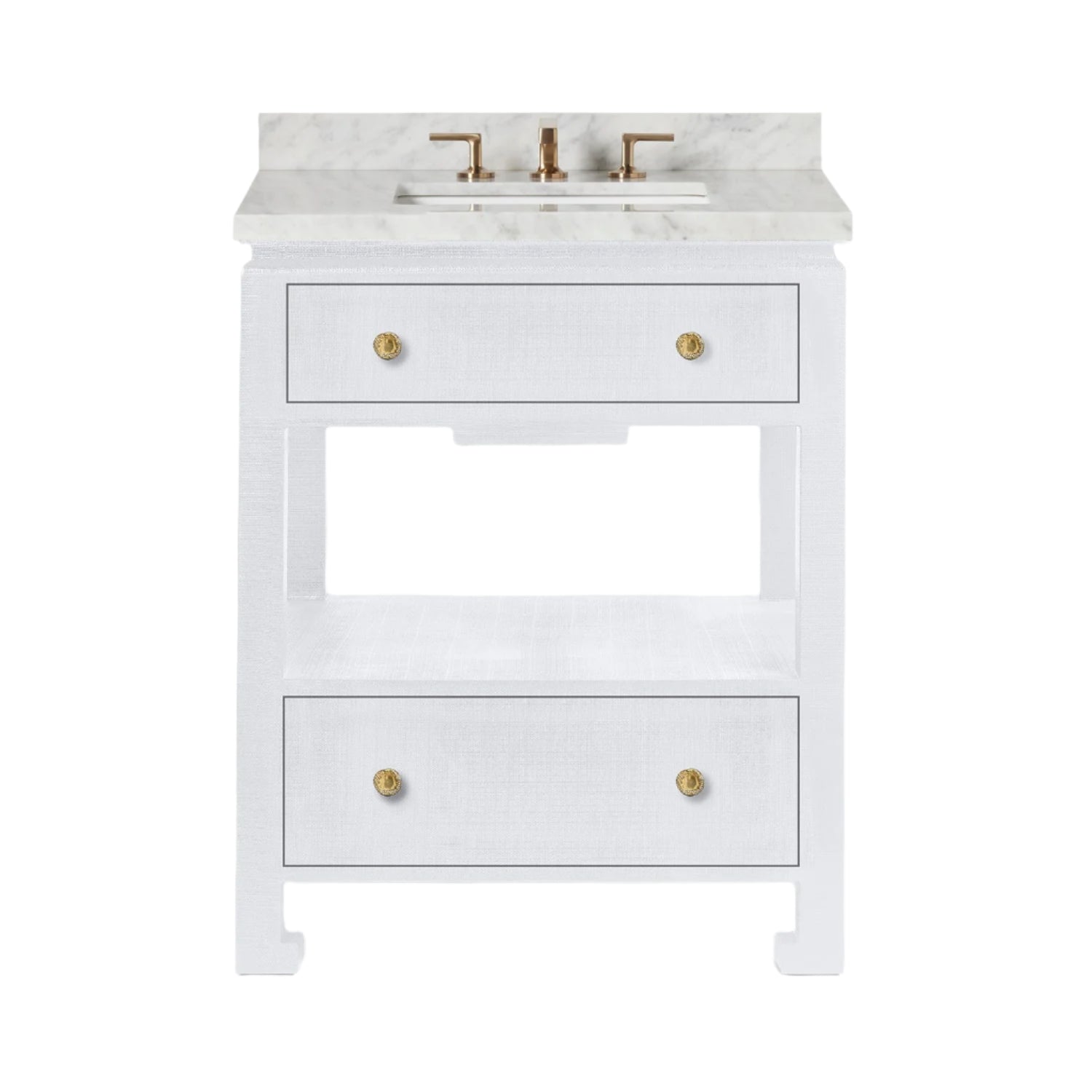 The Wylder Vanity Collection by Made Goods features a white bathroom vanity with a marble countertop, brass faucet, soft-close drawers with round brass knobs, and an open bottom shelf.