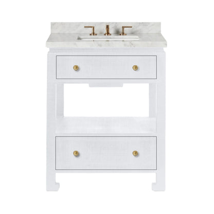 The Wylder Vanity Collection by Made Goods features a white bathroom vanity with a marble countertop, brass faucet, soft-close drawers with round brass knobs, and an open bottom shelf.