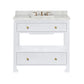 The Wylder Vanity Collection by Made Goods features a white faux raffia bathroom vanity with a marble countertop, brass faucet, soft-close drawers, and an open shelf underneath.