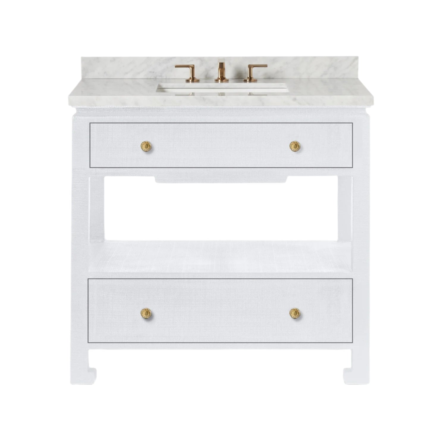The Wylder Vanity Collection by Made Goods features a white faux raffia bathroom vanity with a marble countertop, brass faucet, soft-close drawers, and an open shelf underneath.