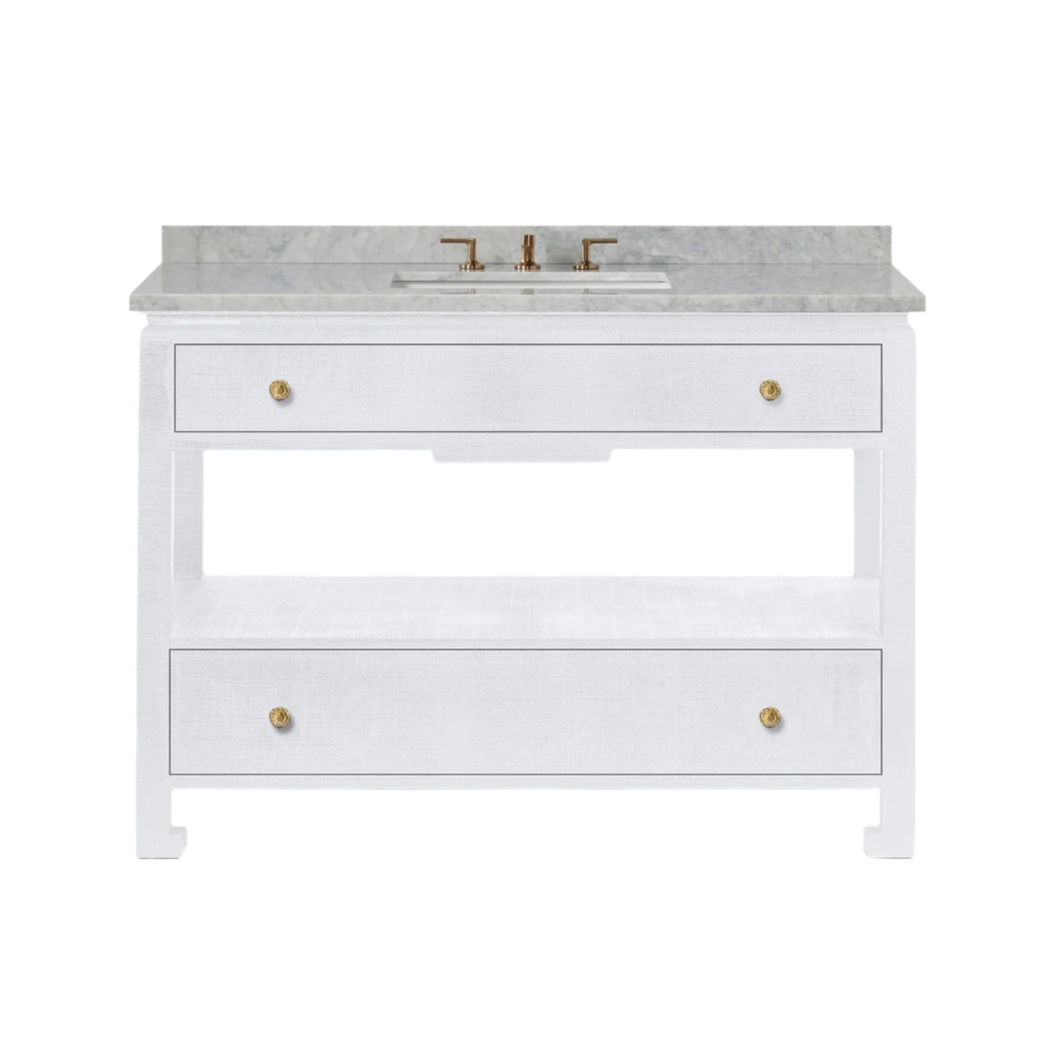 The Made Goods Wylder Vanity Collection features a white floating bathroom vanity with soft-close drawers, an open shelf, marble countertop, built-in sink, and gold-tone faucet and handles.