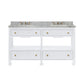The Wylder Vanity Collection by Made Goods features a white double-sink floating bathroom vanity with a marble countertop, brass faucets, and four soft-close drawers with brass knobs.