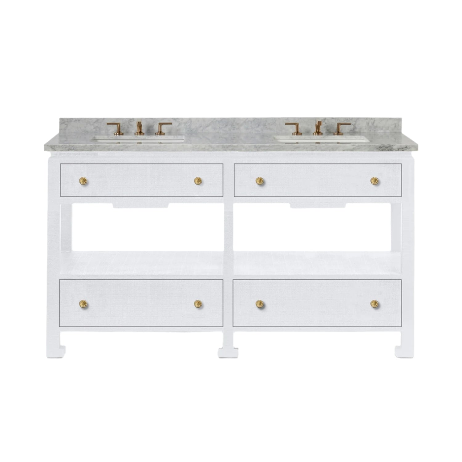 The Wylder Vanity Collection by Made Goods features a white double-sink floating bathroom vanity with a marble countertop, brass faucets, and four soft-close drawers with brass knobs.
