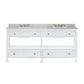 The Wylder Vanity Collection by Made Goods features a white double-sink design with a marble countertop, brass fixtures, soft-close drawers, and a bottom open shelf.