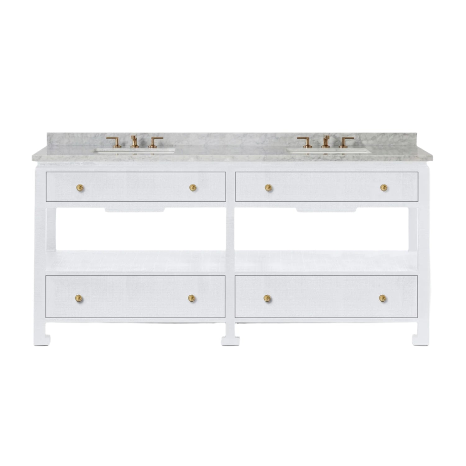 The Wylder Vanity Collection by Made Goods features a white double-sink design with a marble countertop, brass fixtures, soft-close drawers, and a bottom open shelf.