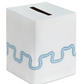 Haute Home Waverly Bath Accessories square premium linen tissue box cover with a single top slot and a blue embroidered wavy line pattern around the bottom.