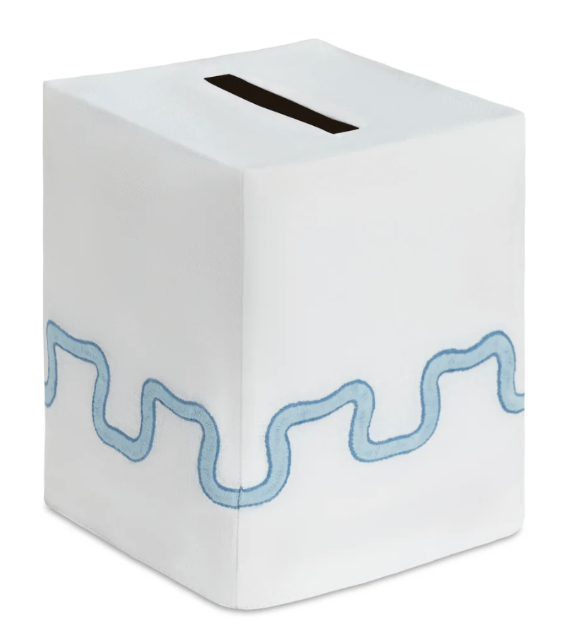 Haute Home Waverly Bath Accessories square premium linen tissue box cover with a single top slot and a blue embroidered wavy line pattern around the bottom.