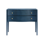 The Made Goods Londyn Buffet, a blue wooden piece in traditional style, features two drawers with gold knobs and subtle charm, shown against a white background.