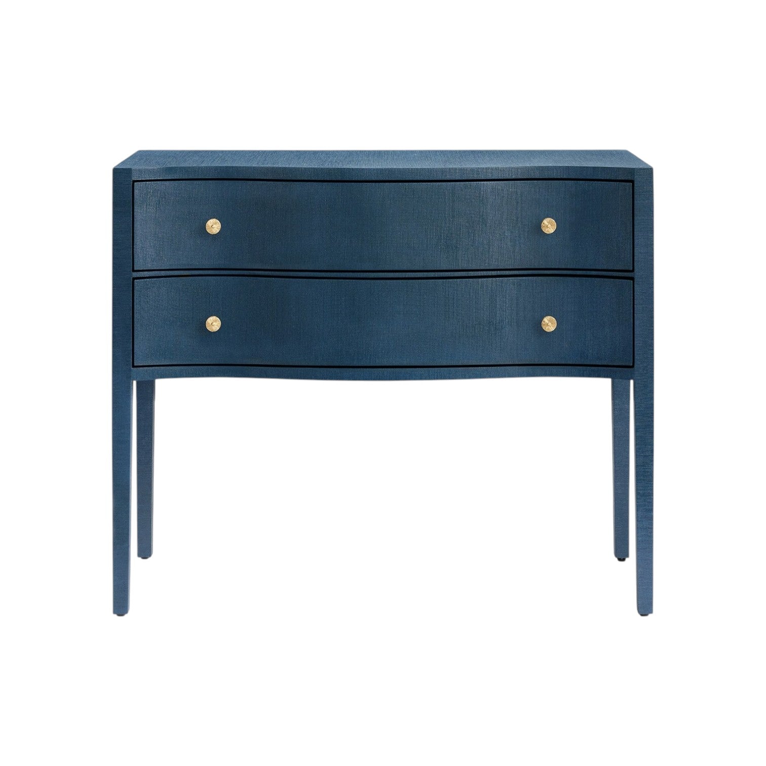 The Made Goods Londyn Buffet, a blue wooden piece in traditional style, features two drawers with gold knobs and subtle charm, shown against a white background.
