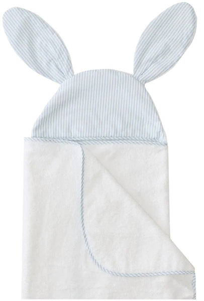 Kids’ Weezie Towel Bunny Hooded Towel, Blue Stripe featuring a blue and white striped pattern on the hood with bunny ears and a white towel body by Weezie Towels.