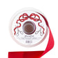 A spool of Hester & Cook’s Fancy Ribbon in satin burgundy, featuring charming illustrations of red bows and scissors on the packaging—ideal for gift wrapping or combining with other satin ribbons, like an olive ribbon, for a stunning finishing touch.