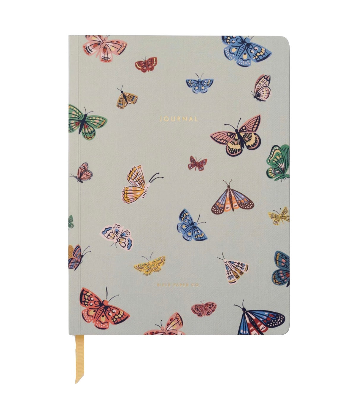 A gray journal from Rifle Paper Co.'s Curio Desk Accessory Collection, featuring "JOURNAL" and "DESIGNWORKS INK" in gold and vibrant butterfly and moth illustrations—an ideal gift for garden lovers.