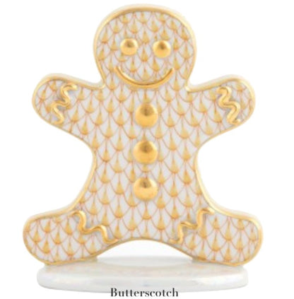 Herend Gingerbread Man Collection porcelain figurine with gold accents, scallop pattern, and three gold buttons stands on a white "Butterscotch" base—a hand-painted collectible for true artistic appreciation.