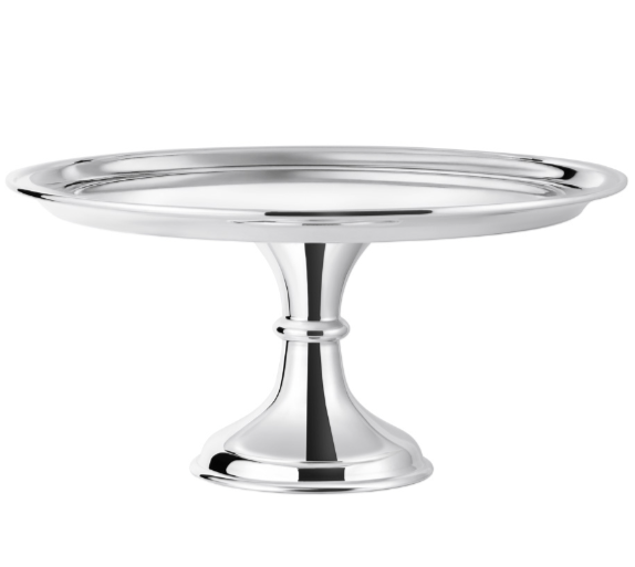 The Hôtel Silver Pedestal Cake Stand features a polished silver finish, round flat top, and sturdy pedestal base—an elegant centerpiece or stylish addition to your kitchen decor.