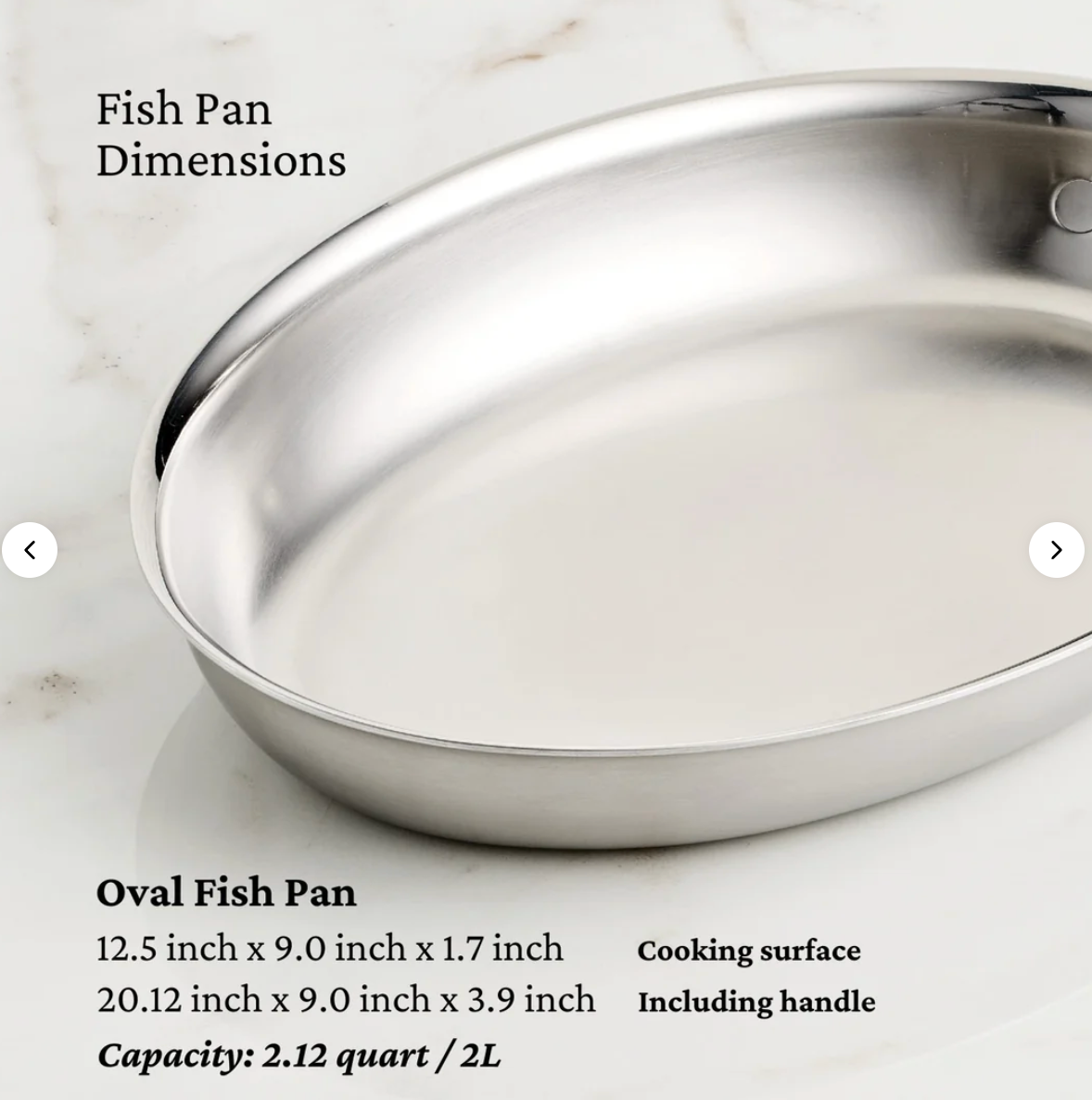 The Hestan Provisions Oval Fish Pan, made of stainless steel and with a 2.12-quart (2L) capacity, is displayed on a white surface. The listed dimensions include measurements for the cooking surface and handles.