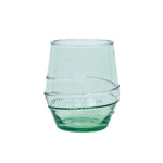 The Juliska Amalia Acrylic Collection features a clear green tumbler with a modern silhouette, slightly tapered shape, and decorative horizontal swirl patterns around the middle.