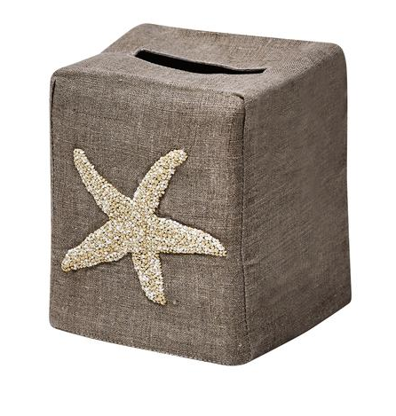 Elevate your home décor with the Haute Home Starfish Coaster & Bath Collection brown premium linen tissue box cover, featuring a starfish decoration on the front and a convenient top slot for easy tissue dispensing.