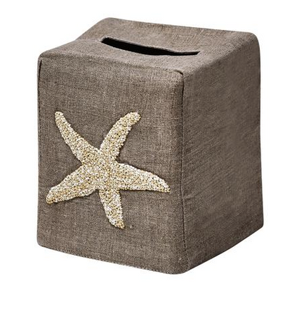 Elevate your home décor with the Haute Home Starfish Coaster & Bath Collection brown premium linen tissue box cover, featuring a starfish decoration on the front and a convenient top slot for easy tissue dispensing.