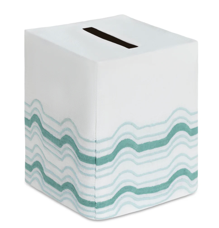 Square Mod Bath Collection premium linen tissue box cover with a teal wave pattern at the base and a black rectangular opening on top.