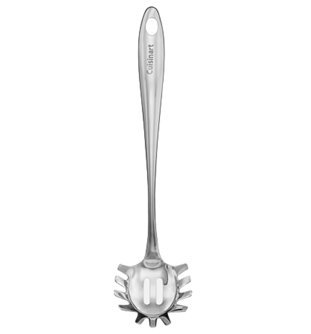 The Cuisinart Stainless Steel Pasta Server features prongs and a center hole, is dishwasher safe, made from durable stainless steel, and is shown on a white background.
