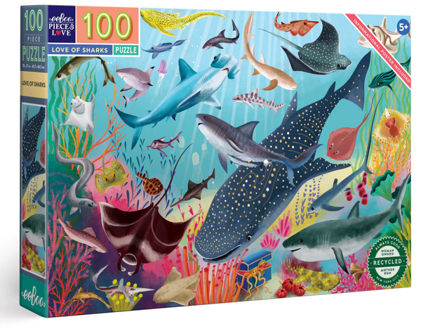 An Eeboo Love of Sharks 100 Piece Puzzle featuring a picture of sharks and other sea creatures.