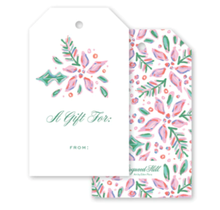 The Dogwood-Hill Pink Poinsettia Gift Tag Set adds holiday season charm with its floral and holly berry design. One tag says "A Gift For: From:" while the other highlights the pattern, offering a delightful touch to your gifts.