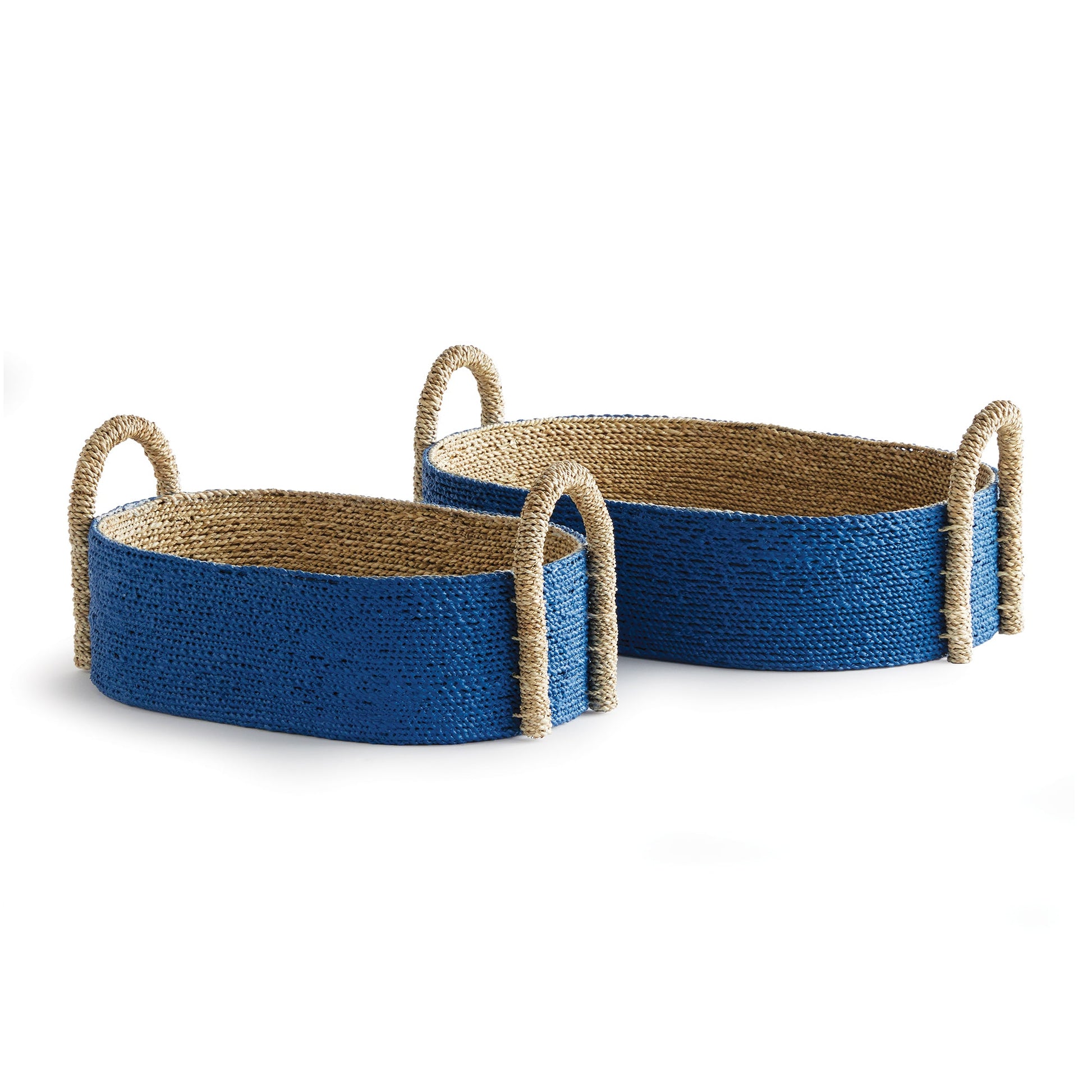 The Tiana Blue Seagrass Short Oval Basket Collection by Napa Home & Garden features two handwoven baskets with blue sides and natural rope handles—ideal designer accents for any space.