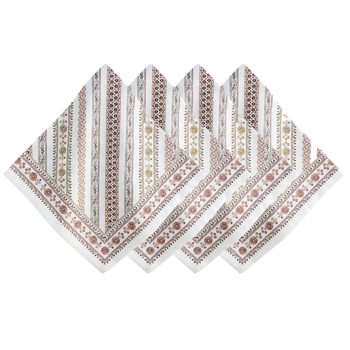 Four Seville Stripe cotton sateen napkins by Juliska are arranged in a fan shape. Each napkin showcases vertical stripes with floral and geometric patterns in earthy tones, inspired by the hand-painted tiles of the Spanish countryside.