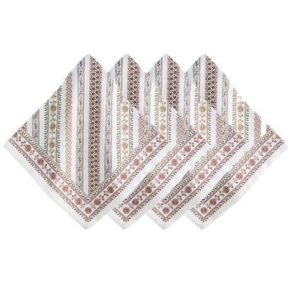 Four Seville Stripe cotton sateen napkins by Juliska are arranged in a fan shape. Each napkin showcases vertical stripes with floral and geometric patterns in earthy tones, inspired by the hand-painted tiles of the Spanish countryside.