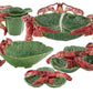 The HIVE Cabbage with Lobsters Serveware Collection features handmade ceramic dishes with intricate cabbage leaf patterns and detailed red lobster accents on the rims and handles.