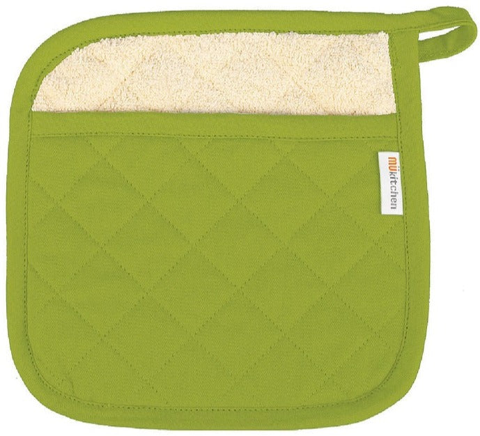The MUkitchen Pot Holder Collection features a green quilted cotton pot holder with a cream soft terry lining and a convenient corner hanging loop.