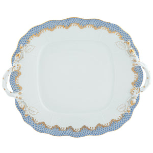 Herend Fish Scale Square Cake Plate with Handles, Light Blue