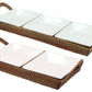 The Calaisio Condiment Tray Collection features two rectangular woven trays with porcelain whiteware dishes—three in one tray and two in the other—for an organized, elegant display.