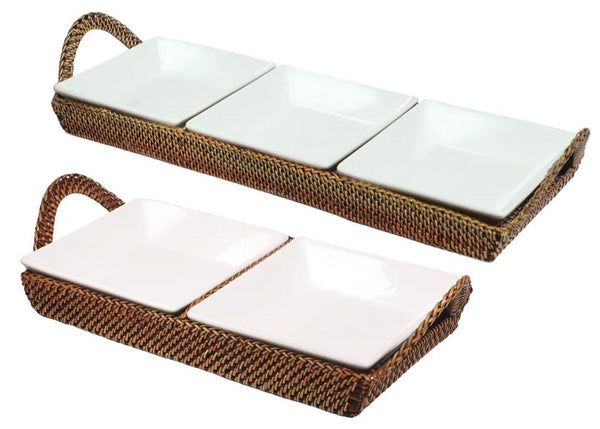 The Calaisio Condiment Tray Collection from Calaisio features two handwoven wicker trays, each containing three elegant square dishes made of traditional whiteware, ideal for serving condiments stylishly.