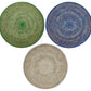 The Deborah Rhodes Calypso Rattan Placemat Set features three hand-woven round placemats in green, blue, and beige with a spiral design, arranged in a triangle—ideal for versatile indoor or outdoor use.