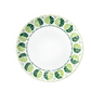 The Cobblers Cove Calypso Dinnerware Collection by Royal Crown Derby features a round white plate with a decorative green leaf border, evoking a Caribbean vibe and adding vibrant elegance to your table.
