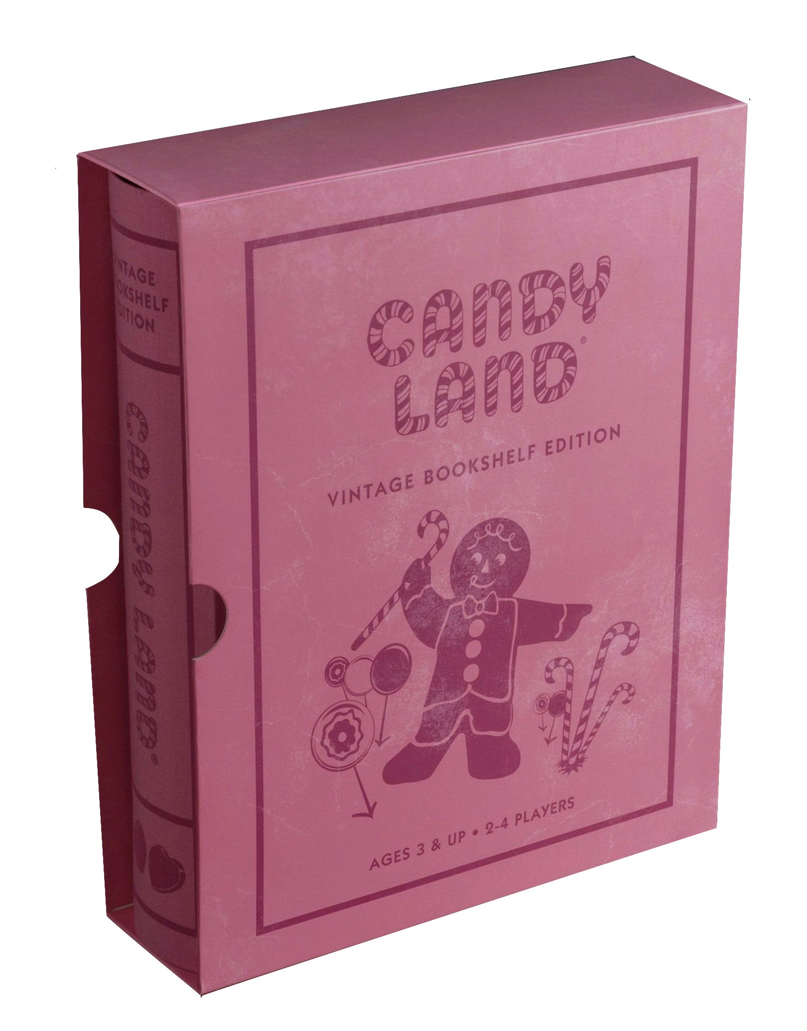 Candy Land Vintage Bookshelf Edition by WS Game Company features a charming pink cover adorned with a gingerbread man and candy decorations. Suitable for 2-4 players and recommended for ages 3 and up, this collectible edition makes an ideal first game for children.