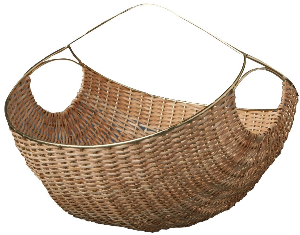 The Rowan Basket Collection by Be Home features handcrafted woven cane baskets from India, made with sustainable materials. Each basket has a rounded bottom, side handle holes, and a slim metal wire top handle.