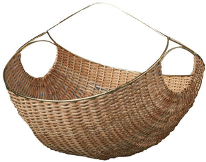 The Rowan Basket Collection by Be Home features handcrafted woven cane baskets from India, made with sustainable materials. Each basket has a rounded bottom, side handle holes, and a slim metal wire top handle.