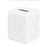 The Haute Home Cane Bath Collection features a white ceramic cube-shaped piggy bank with a geometric textured pattern, reminiscent of an elegant tissue box cover, and a coin slot on top.