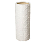 The Emissary Cane Ceramic Umbrella Stand features a tall cylindrical shape with a geometric cane crisscross design, glossy white glaze, and a cream-glazed interior.