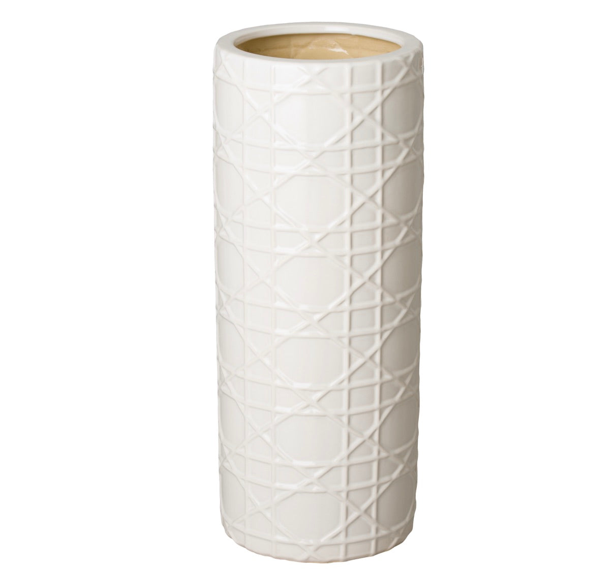 The Emissary Cane Ceramic Umbrella Stand features a tall cylindrical shape with a geometric cane crisscross design, glossy white glaze, and a cream-glazed interior.