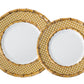 Two round plates from the Juliska Bamboo Caning Melamine Dinnerware Collection, featuring white centers and gold bamboo lattice rims, overlap each other. Made from shatterproof melamine.