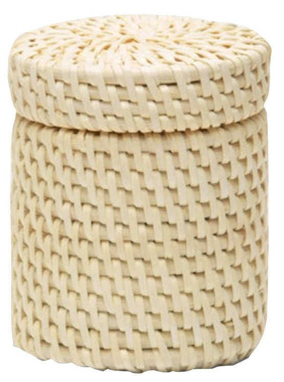 The Dalton Bath Collection by Pigeon & Poodle features a small, round woven basket with a matching lid, crafted from light natural fibers that highlight detailed craftsmanship and timeless design.