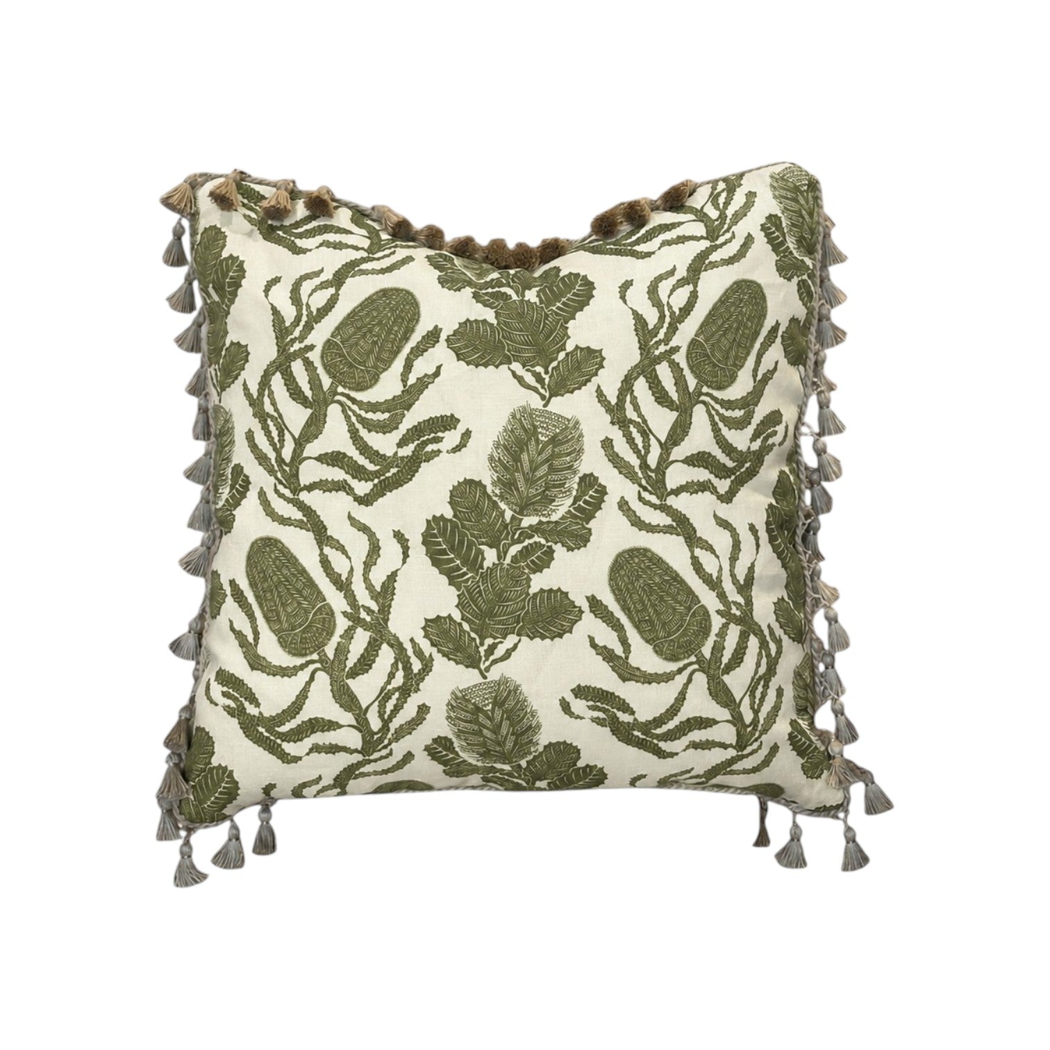 The Cape Botan Pillow by Hive Custom Pillows features a green embroidered leaf and pod design on a light background with tasseled edges, perfect for those seeking a luxurious decorative accent.