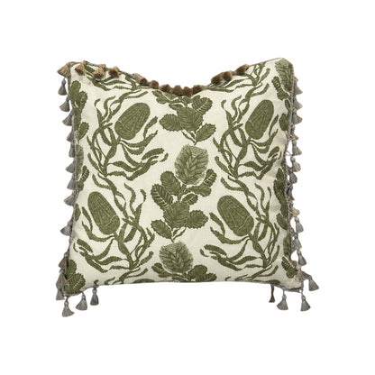 The Cape Botan Pillow by Hive Custom Pillows features a green embroidered leaf and pod design on a light background with tasseled edges, perfect for those seeking a luxurious decorative accent.