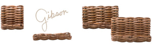 Four rectangular honey rattan card holders from the Blue Pheasant Gibson collection are arranged on a white background, showcasing both American and European influences, with the brand name elegantly displayed.