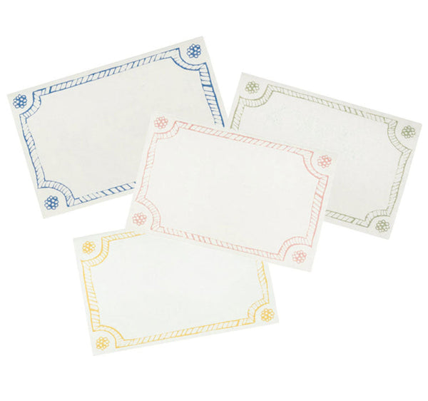 Four Juliska Berry & Thread Place Cards with decorative borders in blue, red, gray, and yellow are arranged in a fan-like pattern, exuding casual elegance.